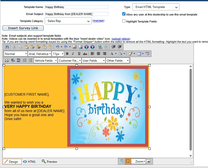 Before: default CRM email template